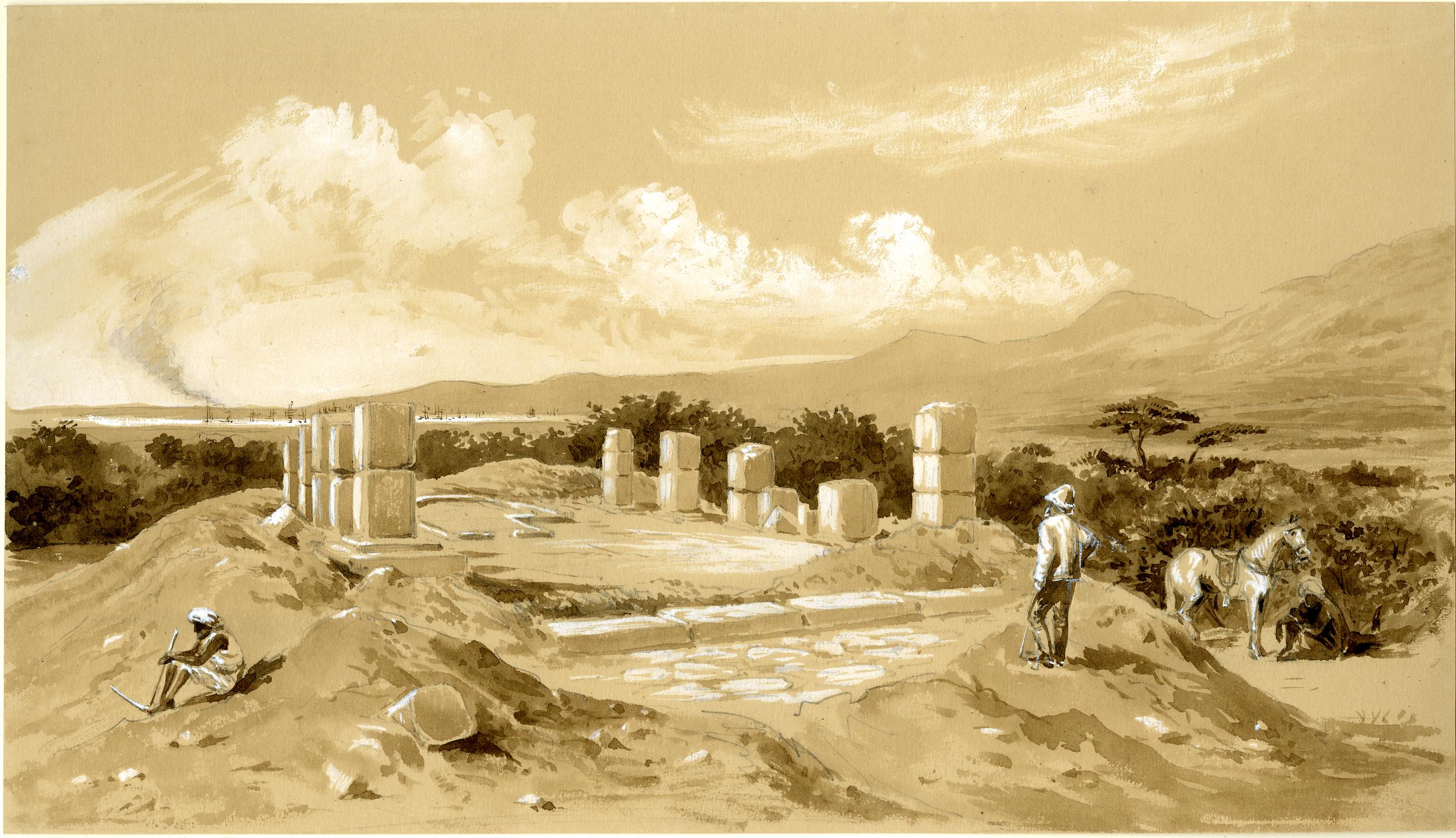 Colour drawing of the excavated church at Adulis, with standing columns, workers and horses in a mountainous landscape